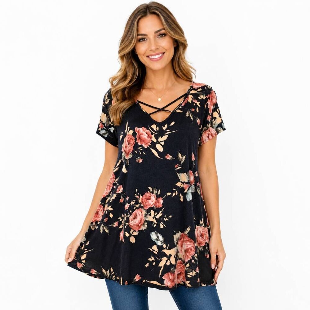 Wanna B Floral Criss Cross Tunic Top Large